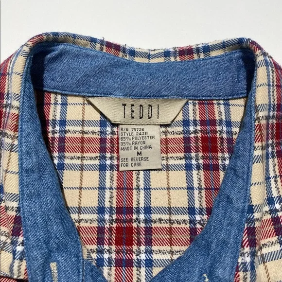 Vintage 90s jean patched plaid button down shirt